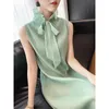 Casual Dresses Miyake veck 2023 French Wood Ear Lace Dress Foreign Spring Summer Mint Green ärmlös lång kjol Kvinnakväll