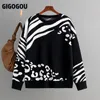 Frauenpullover Gigogou Leopard Dessinger Damen Pullover Winter Herbst Frauen gestrickte Oberbekleidung weiche Damen Pullover Top Pull Femme Outfit