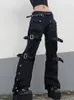 Eyel spänne cyber punk goth baggy jeans y2k kvinna techwear mörk akademisk solid e tjej last byxor denim gotiska hippie byxor 231221