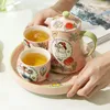 Ensembles de théière de thé à la main Boîte-cadeau de thé à la main 4 pièces avec plateau à domicile intégré Couple d'après-midi en céramique Tasse de thé