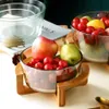 Bowls 1 Set Glass Salad Bowl Heat Resistant With Wooden Base Serving224E