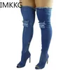 Bottes 2020 Été automne cuisinier High Boots Femme Fashion Peep Toe Over the Knee Boots Blue Denim Jeans Zipper Boots Long Boots Chaussures Mesdames