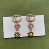 Luxury Designer Long Dangle Chandelier Earrings Girls Pink Diamond flower shape Drop Earrings243r