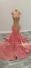 Pink O Neck Long Prom Dress for Black Girls 2024 Pärled Crystal Birthday Party Dresses Sequined aftonklänningar Robe de Bal 0431