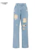 Vintage Jeans Hole Ripped Women Hosen Streetwear Streetwear Mode High Taille Wide Leg Womens Denim 231221