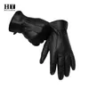 Winter Mens Leather Gloves Warm Soft Black Sewing Design Mittenskin Buckskin Imitate Wool Lining 231221