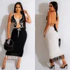 Work Dresses Crochet Two Piece Knitted Set Butterfly Camisole Halter Tops And Tassel Fringe Long Skirt Vacation Fashion Beachwear Dress