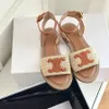 Top quality Lympia slides Raffia sandals flat Triomphe embellished Ankle strap open toes luxury designer sandal for women holiday flats gladiator shoe factory box