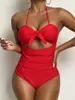 Dames badmode 2023 Halter Tie Front Swimsuit Vrouwen één stuk massief gevoerde vrouwelijke zwemmers Baden zwemmen zwempak strandkleding