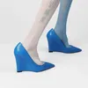 Dress Shoes Pure Color Women Single Blue Leather Wedges High Heel Tacones Para Mujer Pointed Toe Ladies Slip-On Sapatos Feminino