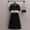 Vestidos de trabajo Tamaño grande 4xl Spring Vintage Dos piezas Set para mujeres Top de empalme de encaje de manga corta y falda midi poliéster Slim outwear