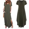 Casual klänningar 2023 Kvinnor Loose Pocket Long Dress Women Short Sleeve T Shirt Solid Color Vintage V-Neck Vestido