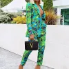 Autumn Women Pant Suits Green Streetwear Long Sleeve Coat and High Waist Trouser 2 Piece Set