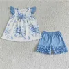 Clothing Sets Wholesale Baby Girl Blue Rose Flower Children Summer Floral Short Sleeve Toddler Ruffle Cotton Shorts Kid Outfit Set