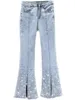 Pantalon éclaté à perles de diamant lourd jeans Femmes Spring Coton Coton Élastique haute taille Slim Fit Bellbottoms Femme 231221