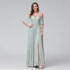 Casual jurken vrouwen elegante bruiloft bruidsmeisje jurk groen off schouder korte ruches mouw split cocktail prom sexy maxi feestjurken