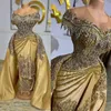 Luxurious Gold Aso Ebi Prom Dresses African Arabic Sheer Neck Beaded Crystals Evening Dress for Special Occasions Black Women Outfit with Detachable Skirt NL093
