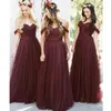 Burgundy Tül Bir Çizgi Nedime Elbiseleri Uzun Seksi Omuzdan Seksi Artı Boyut Onur Gowns Homebbahar Bahar Boho Düğün Konuk Elbise Grubu Grup Giyim Cl3104