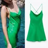 Dresses TRAF 2021 Green Slip Dress Woman Mini Satin Dress Women Backless Pink Summer Dresses Thin Straps White Black Night Dresses