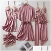 Mulheres brancas de roupas de dormir feminino Mulheres 5 peças Conjunto de batalha de cetim da primavera Nightgown Sleep Sleep Arnece Homewear Kimono Pijamas Nightdress Loungewear Dhnze