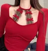 Kvinnors T-skjortor Spicy Girl Christmas Lace Splice T-shirt Kvinnor Fashion Hanging Neck Bow Tie Sweet Solid Elastic Slim Festival Autumn Female