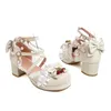 Dress Shoes Women Summer Lolita Sweet Bow Red Strawberry Side Open Lace Ruffles String Bead Cross Strap Mary Jane Heels Platform Pumps