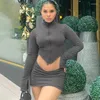 Work Dresses Dark Grey Short Skirts 2 Piece Set For Women Sexy Zipper Turtleneck Irregular Crop Top Mini Skinny Clubwear Outfits