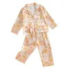 Kläder sätter barnflickor pyjamas set blommor tryck långärmad topp med elastiska midjebyxor sömnkläder