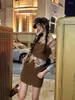 Work Dresses Women Tie Dyed Shirt Suspender Skirt Autumn Flared Sleeve Top Brown Vest A-line Short Skirts Fashion Design Girl Three Piece