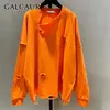 여자를위한 Galcaur 대형 스웨트 셔츠 o 목이 긴 소매 구멍 한국 풀오버 디자이너 스웨트 셔츠 여성 패션 옷 231221