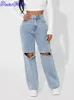 Denimcolab hög midja rak byxa modehål i knä jeans kvinna lös pojkvän lady streetwear klippt ut denim byxor 231221