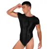 Kvinnors badkläder Mens Glossy High Cut Bodysuit One-Piece Swimsuit Solid Color Short Sleeve Leotard Gymnastics Yoga Fitness Sportwear