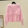 French Style Flower Heavy Industry Beads Ruffled Pink Sweater Women's Autumn Winter High Sense Long Sleeve Knitted Cardigan 231221