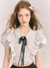 Work Dresses Sweet Kawaii Skirt Suit Striped Ruffles Bow Puff Sleeve France Shirt Mini Black Pleated Preppy Style Two-piece Outfits
