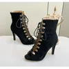 Sandals Fashion Show Black Net Fabric Cross Strap Sexy High Heel Woman Shoes Pumps Lace-Up Peep Toe Taille 43