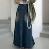 Kjolar vintage denim maxiskirts kvinnor amerikansk stil tvättade fotled längd y2k cowboys a-line skorts damer långa flare jeans klänningar