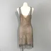 Vestidos casuais Stromesto feminino embelezado malha de comprimento médio sexy e elegante e elegante Halter de decote em V 2023 outono