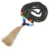 Pendant Necklaces YUOKIAA Natural Black Lava Volcano Stone&7 Chakra 6mm Beaded Silk Tassel Long Necklace Charming Jewelry Gift