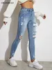 Ljusblå sexig mager kvinnor jeans stretch rumpa lift rippade hål denim byxor lady kläder flickor täta byxor y2k streetwear 231221