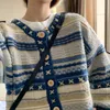 2023 Осенний винтажный кардиганский свитер синий пальто с длинным рукавом vneck повседневные вязаные джамперы в корейском стиле одежда 231221