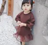 Flicka klänningar flickor avslappnad höst koreansk baby långärmad tröja mesh garn skarv prinsessa stil barn kläder bomull