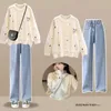 Autumn Winter Women Matching Sets Cute Rabbit Sweater Pullover Slim Flare Pants 2 Piece Suit Korean Lady Knit Tops Trousers 231221