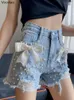 Kadın şortları tatlı lolita tarzı denim yaz kadınlar harajuku şık yay inci kısa pantolon kadın seksi yüksek bel deliği y2k hip hop kot pantolon