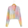 Women Puff Long Sleeve Sweater Cardigan Twist Cable Knitted VNeck Knitwear Coat Button Down Gradient Rainbow Jacket 231221