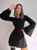 Robes décontractées tricotées Slim Party Club Robe Sexy Round Coule Sexy Round Lace Up Up Backless Long Flare Sleve Mini Elegant