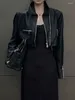 Frauen Leder Punk geschnittene schwarze Jacke Frauen Oberbekleidung Reißverschluss Moto Biker Casual High Street Unregelmäßige Mantel
