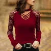 Blouses pour femmes 2023 Blouse de chemisier en dentelle sexy slim à manches longues hauts blusas mujer couleur solide mode creux blusa féminina dames décontractées