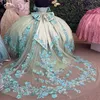 Jasnozielona na ramionach Aplikacja koronkowe koraliki Siez Tull Quinceanera Dress Sweet 16 Vestidos de 15 Anos Tull Ball suknia