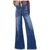 Jeans pour femmes grande taille de taille élastique de la taille élastique Botggy for women strety haut a été pantalon de cargaison lavé bleu