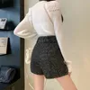 Shorts Short en Tweed noir pour femme, ceinture avec diamants, taille haute, jambes larges, luxe, jupe élégante en laine, pantalon court, automne hiver